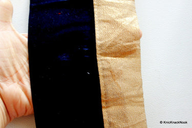 Blue Velvet Trim With Gold Shimmer Border Piping 1 Yard Approx 12 cm Wide
